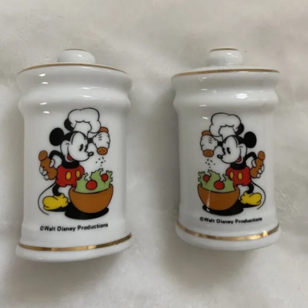 Vintage Disney Mickey Mouse Salt Pepper Shakers gold trim made in Japan